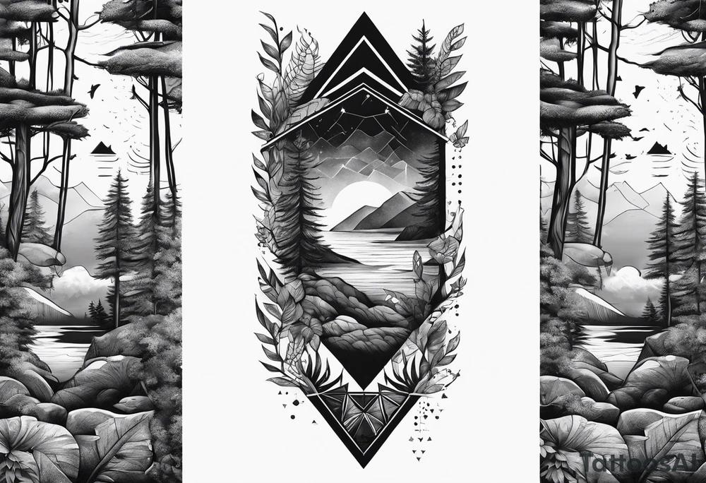 Forest ocean geometric male leg sleeve tattoo idea