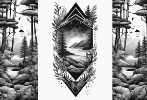 Forest ocean geometric male leg sleeve tattoo idea