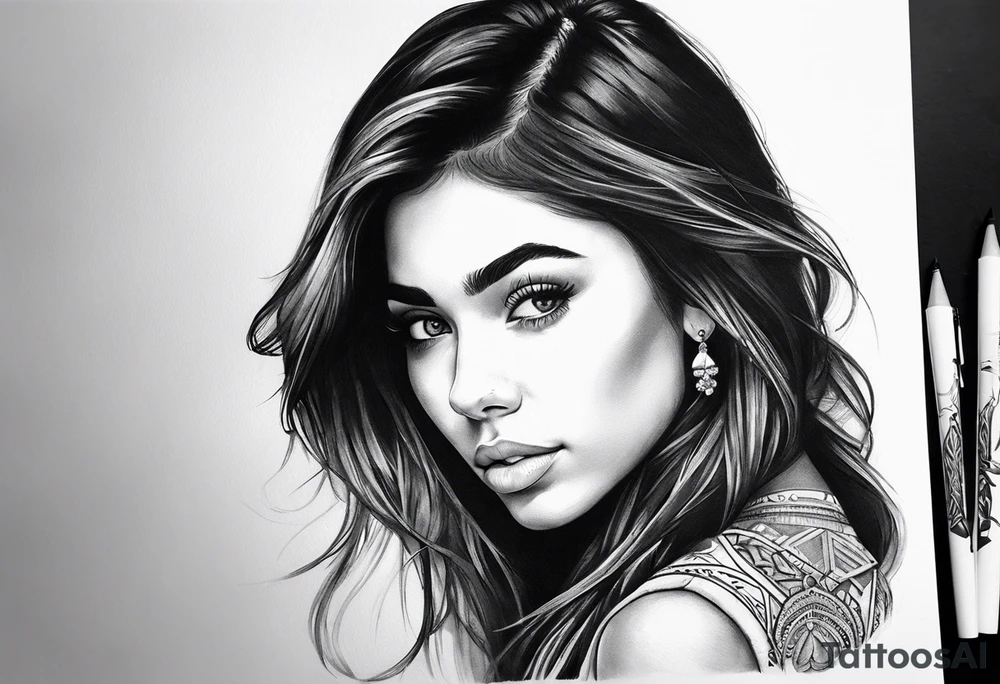 Indian girl tattoo, that looks like madison beer but not 1:1, for upper arm tattoo idea