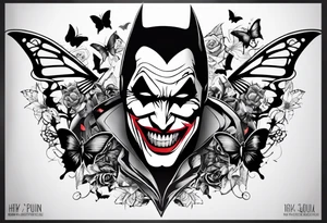 Small Batman and joker tattoo with butterflies and lots of color and harley quinn tattoo idea