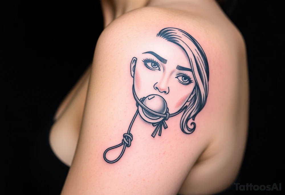 A tattoo depicting a woman bound and gagged with a ball gag in her mouth tattoo idea