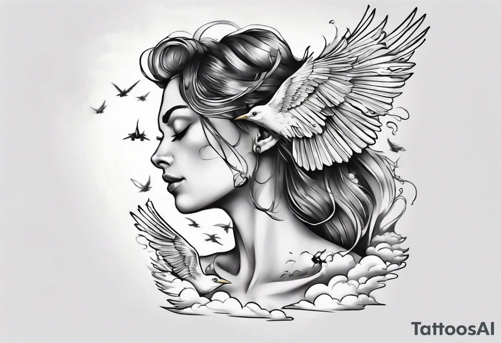 a shoulder tattoo with rays of light, clouds and birds flying free tattoo idea