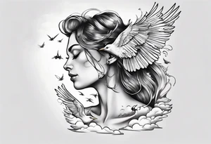 a shoulder tattoo with rays of light, clouds and birds flying free tattoo idea