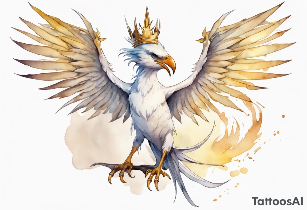 a watercolor of a white bird-wyvern hybrid wearing a plain crown, with light gold wing feathers tattoo idea