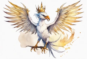 a watercolor of a white bird-wyvern hybrid wearing a plain crown, with light gold wing feathers tattoo idea