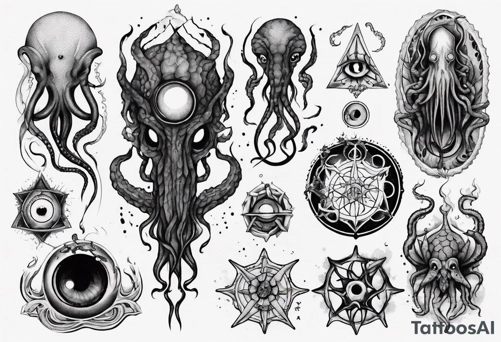 lovecraft long tattoo to put on the forearm, with eye and tentacle tattoo idea
