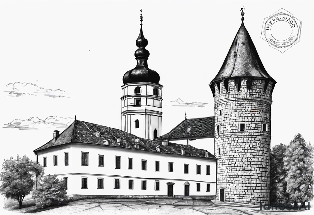 picture of Varaždin tower
with the names vesna and ivo under it tattoo idea