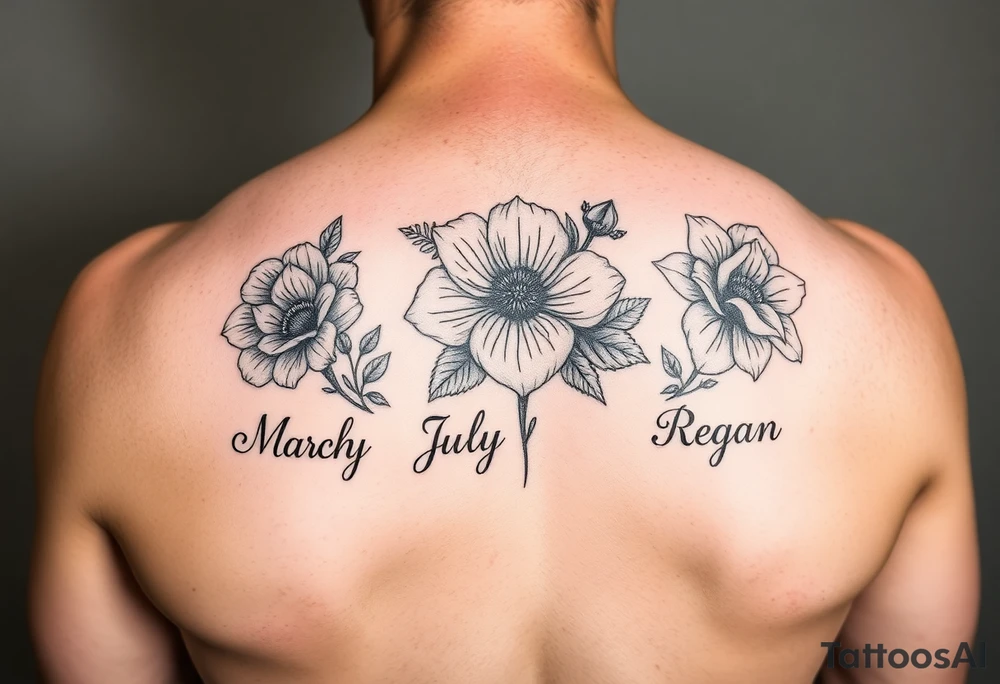 March, July and January birth month flowers with the names Riley, Grace and Regan tattoo idea