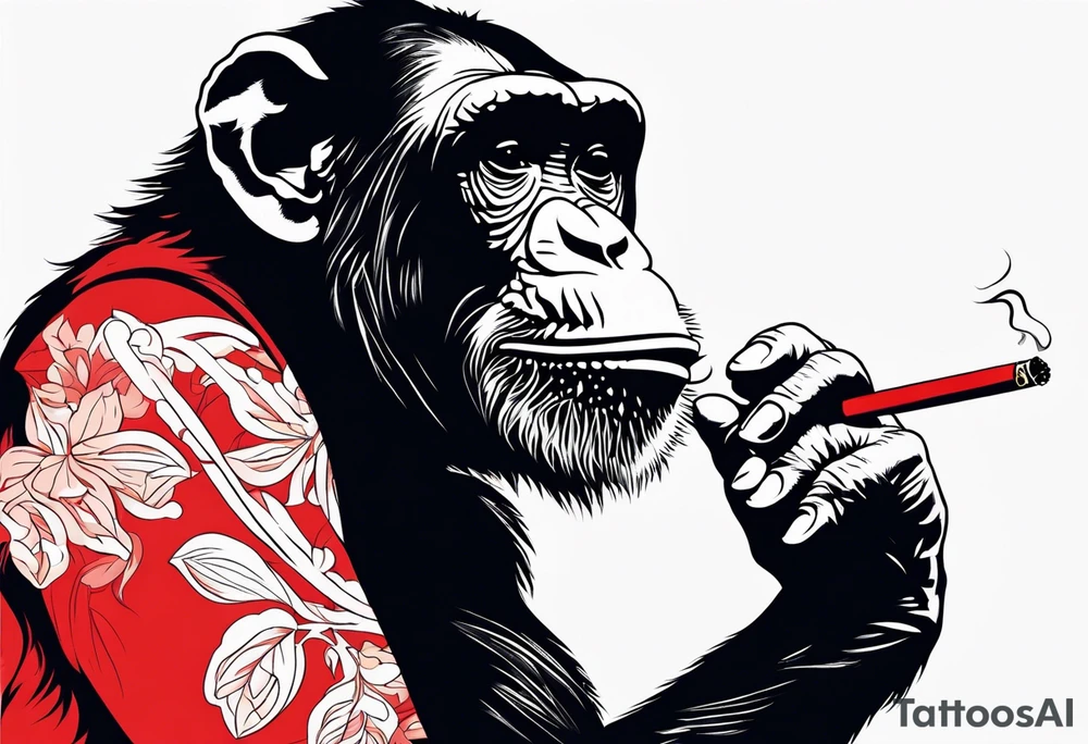 Chimpanzee smoking a cigarette, full body, red hues tattoo idea