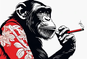 Chimpanzee smoking a cigarette, full body, red hues tattoo idea