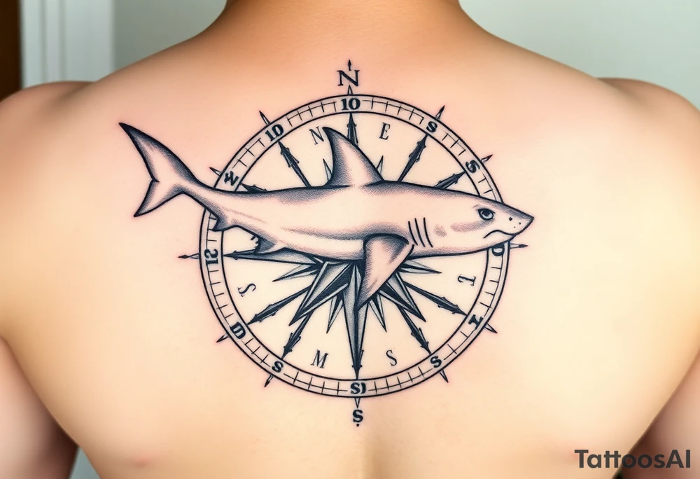 "A top-down view of a shark seamlessly integrated with a compass rose. The shark is seen clearly from above, swimming across or around the compass, with its fins and tail visible in perfect symmetry. The compass features detailed directional lines and ornate engravings, blending naturally with the shark's form. Done in black and grey ink, the style is realistic with subtle dotwork and shading for depth. The design is minimal yet powerful, symbolizing direction, strength, and instinct. Perfect for a shoulder, chest, or forearm tattoo." tattoo idea