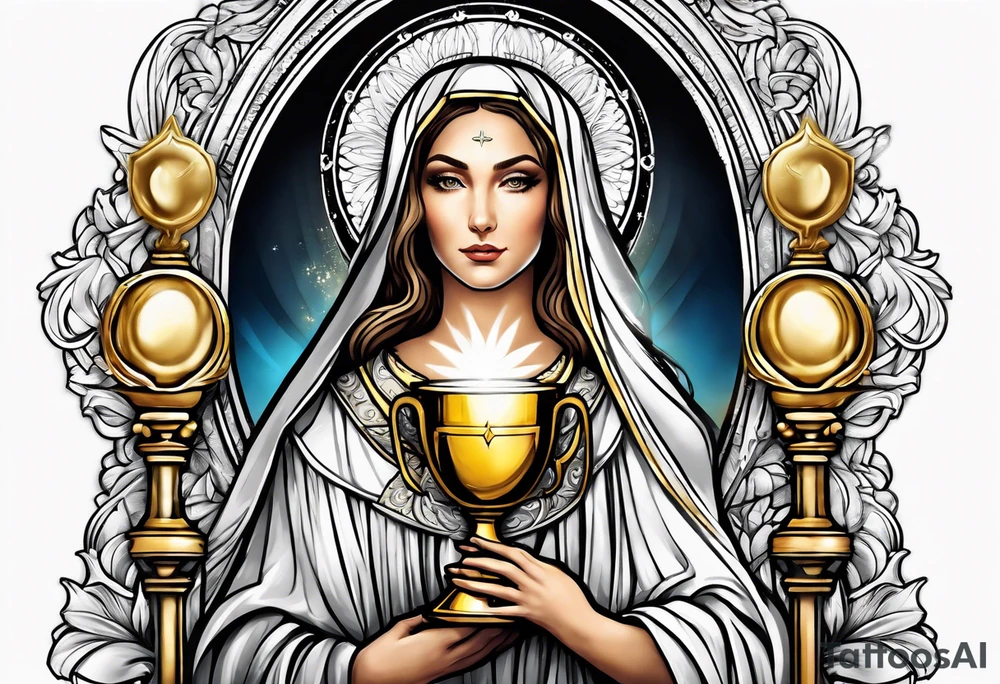 woman saint holding chalice surrounded by golden halo portrait tattoo idea
