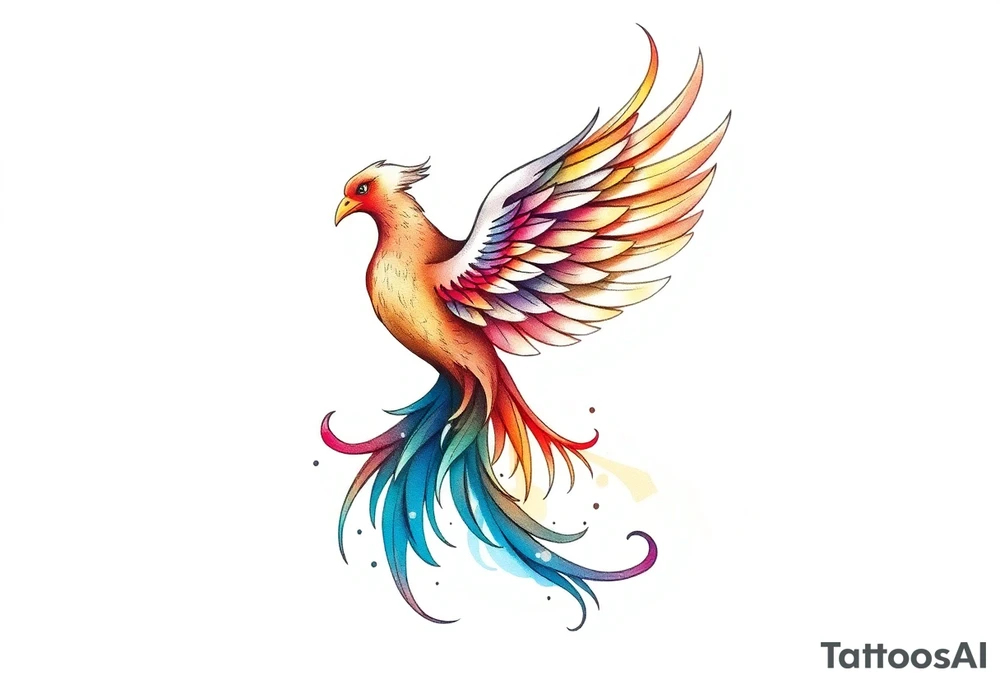 Phoenix rising with nonbinary flag colors blended in watercolor style, transparent background. tattoo idea