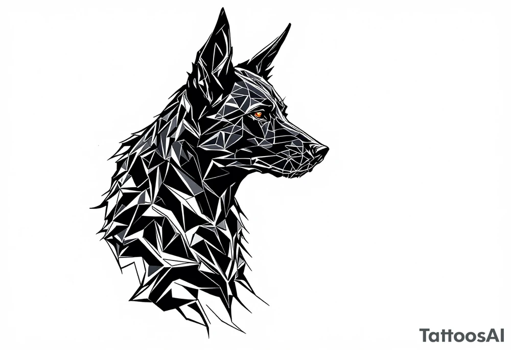 a creature that looks strongly like a black Labrador and a black German Shepard , resembling  Anubis, looking back, serious and daring tattoo idea