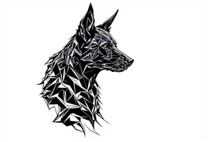 a creature that looks strongly like a black Labrador and a black German Shepard , resembling  Anubis, looking back, serious and daring tattoo idea