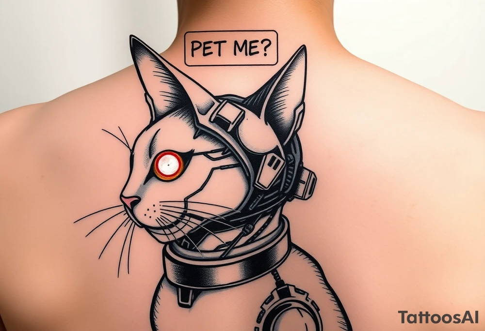 Cybernetic Cat with a Holographic CollarA sleek, cyberpunk cat with one glowing eye and mechanical enhancements.A floating AR display above its head showing "PET ME?"Whiskers made of thin fiber-optic cables. tattoo idea
