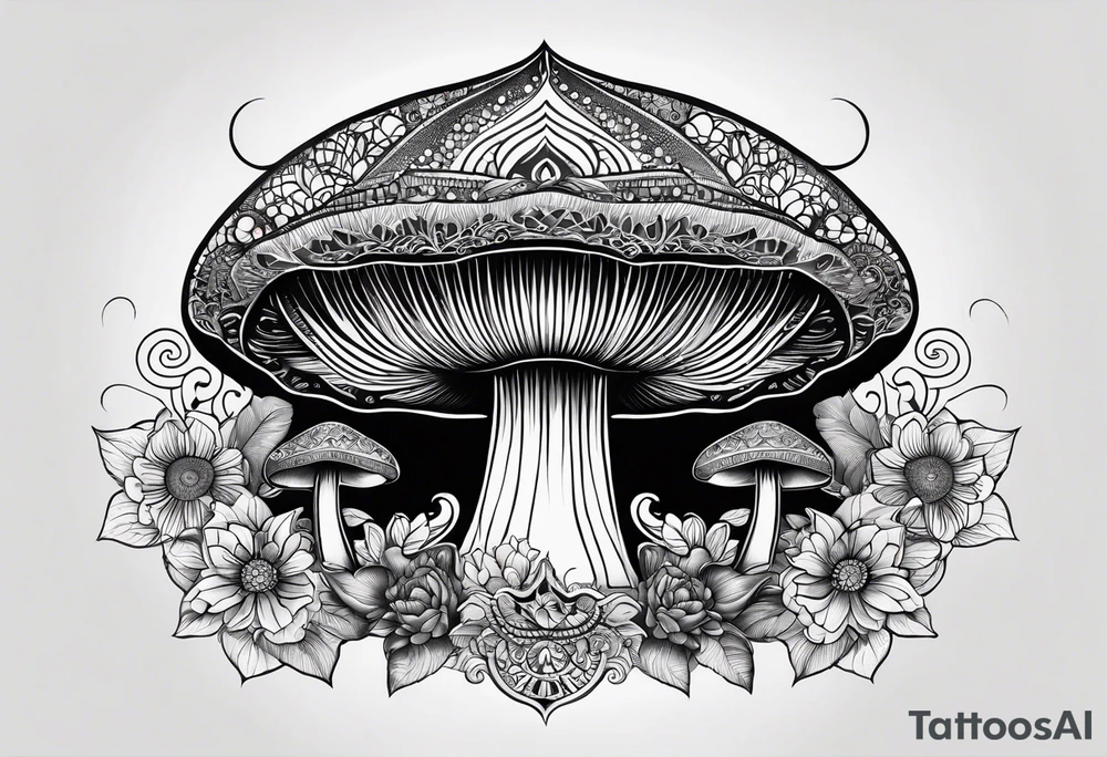 Black mushroom tattoo with henna style mandala crescent moon design surrounding it tattoo idea