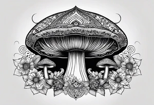 Black mushroom tattoo with henna style mandala crescent moon design surrounding it tattoo idea