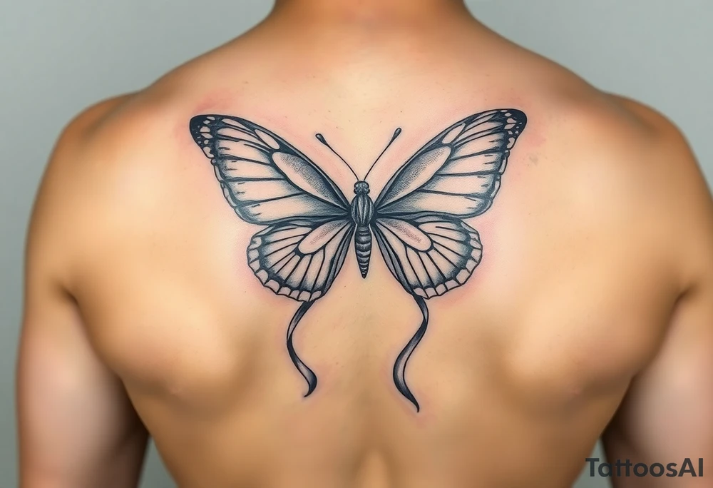 ethereal butterfly with flowing silk ribbons in moonlight tattoo idea