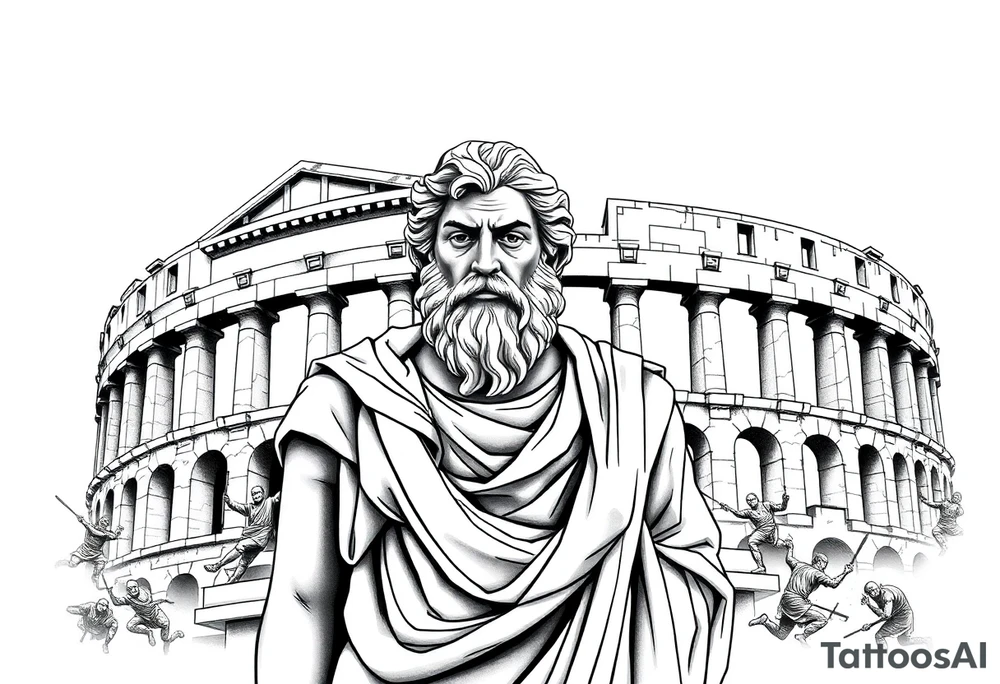 greek philosopher statue with masculine Fram in front of old broken greek buildings with fighters in the coliseum tattoo idea