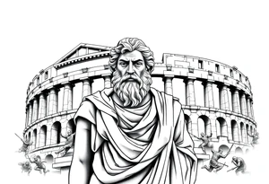 greek philosopher statue with masculine Fram in front of old broken greek buildings with fighters in the coliseum tattoo idea