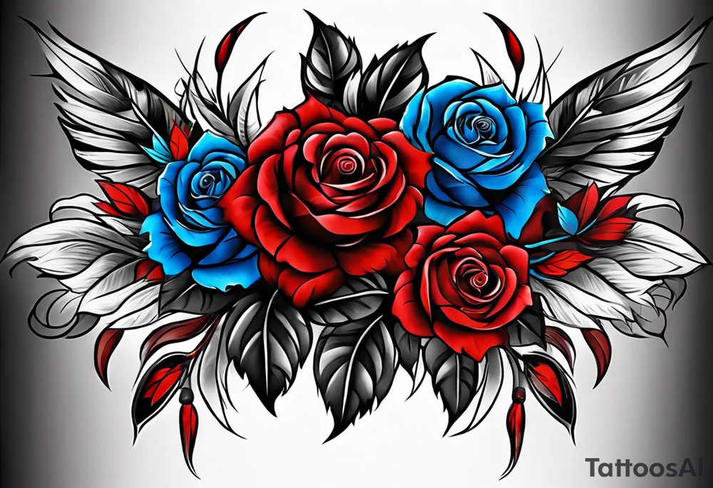Colored blue and red roses native American tattoo idea