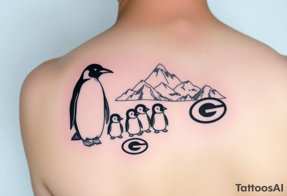 compilation outlining important things in my life such as one adult emperor penguin and 3 baby penguins, celtic trinity knot, mountains/nature, the green bay packers, and something to represent my 3 boys tattoo idea