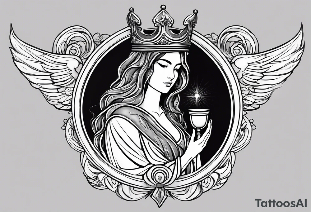 holy saint woman turned away with golden halo holding a chalice tattoo idea