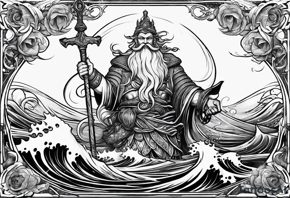 Neptun mit ganzen Körper im Wasser stehend tattoo idea