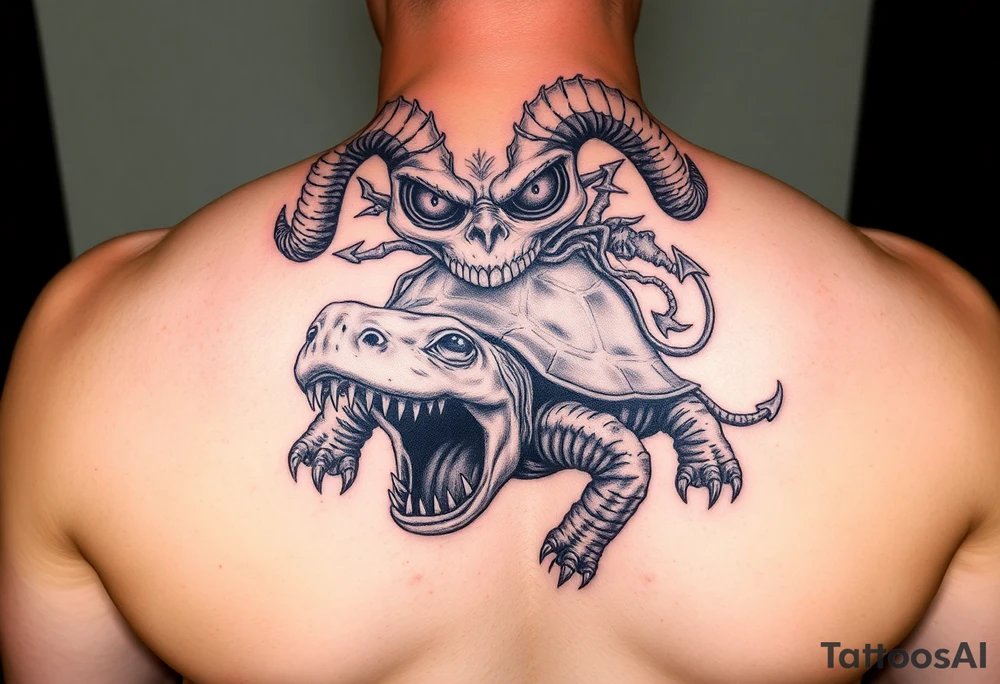 An insane human with alien eyes and the devils  riding a turtle who has a giant open mouth and long teeth with ram horns tattoo idea