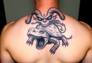 An insane human with alien eyes and the devils  riding a turtle who has a giant open mouth and long teeth with ram horns tattoo idea