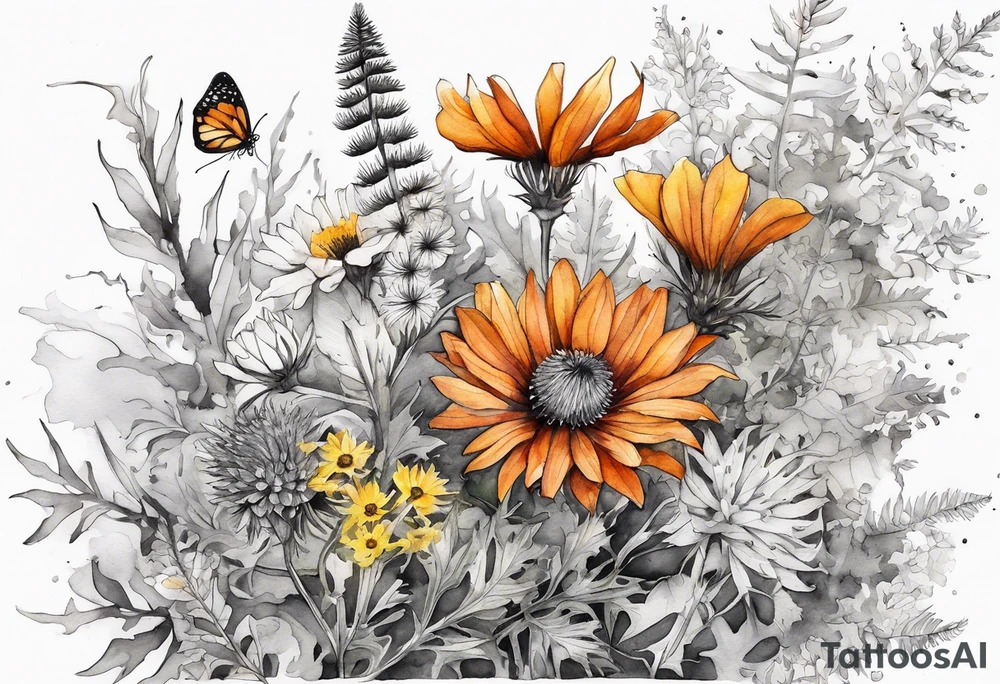 cascading mixed wildflowers with thistles, ferns, burnt orange white and yello flowers all in watercolor tattoo idea