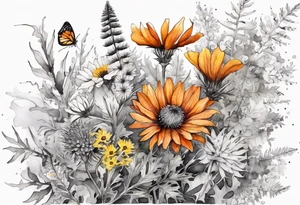 cascading mixed wildflowers with thistles, ferns, burnt orange white and yello flowers all in watercolor tattoo idea