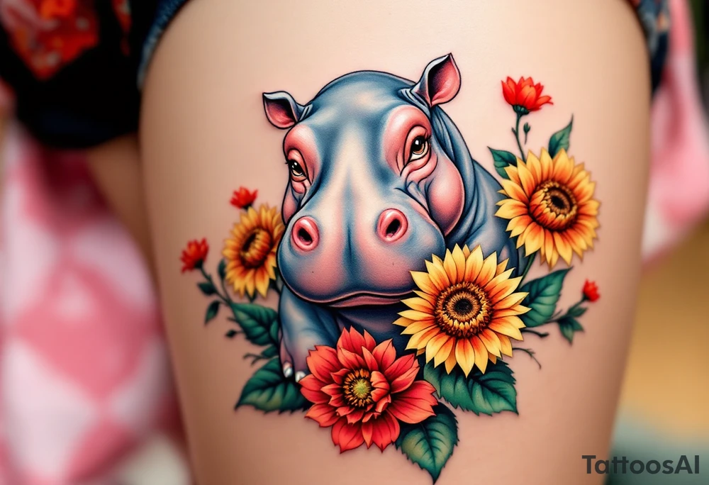 Cute hippo with sunflowers, red carnations, and water tattoo idea