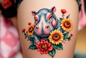 Cute hippo with sunflowers, red carnations, and water tattoo idea