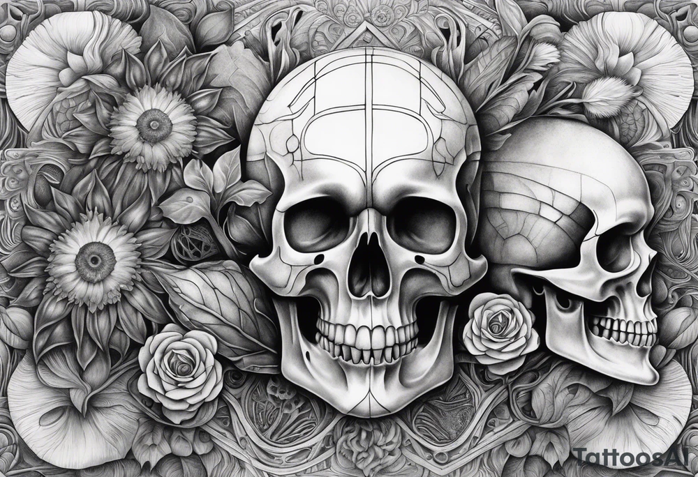 H.R. Giger mean skulls, water flow shapes, geometric shapes, flowers, using blues and fall colors tattoo idea