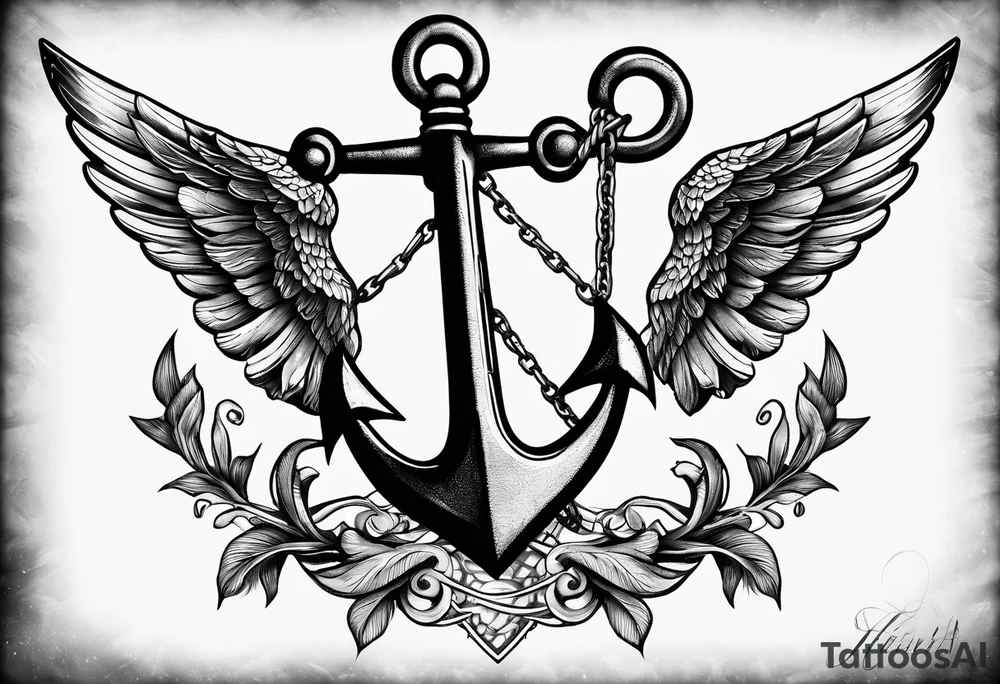 a ship anchor with an s through the anchor and angle wings on the left and right side tattoo idea