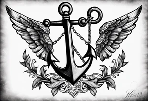 a ship anchor with an s through the anchor and angle wings on the left and right side tattoo idea