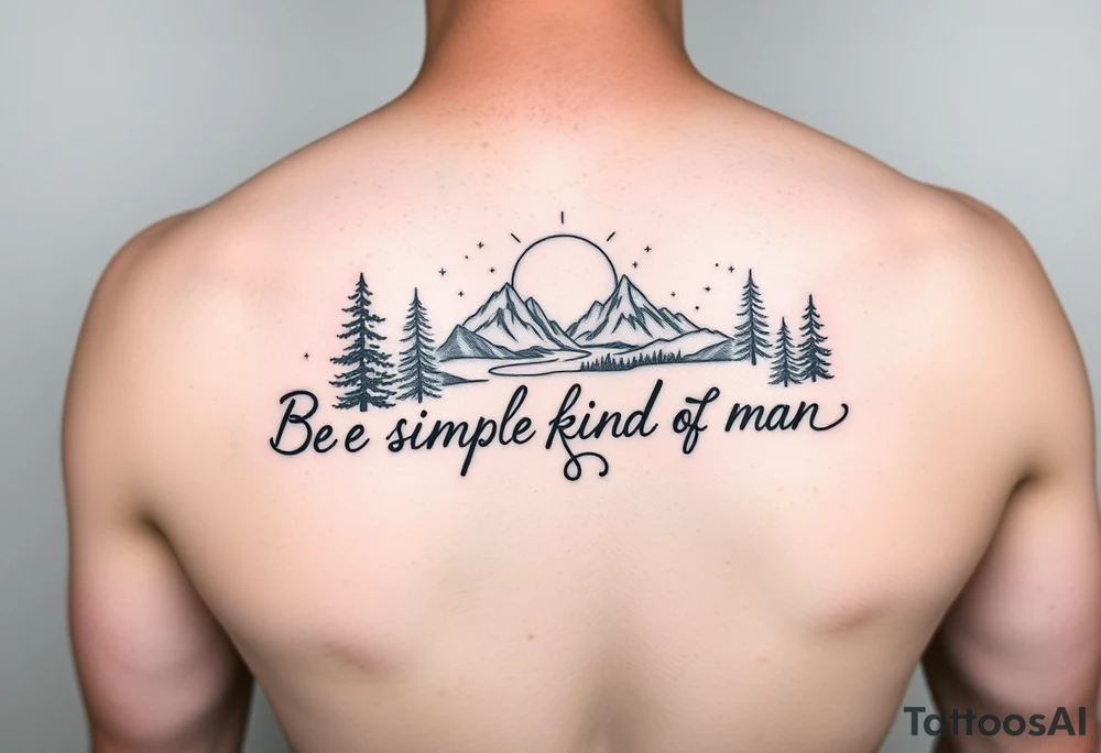 A minimalist tattoo with the words ‘Be a Simple Kind of Man’ in handwritten script, framed by pine trees, mountains, and a rising sun, a river, and moon
Fine line blackwork for the forearm tattoo idea