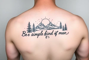 A minimalist tattoo with the words ‘Be a Simple Kind of Man’ in handwritten script, framed by pine trees, mountains, and a rising sun, a river, and moon
Fine line blackwork for the forearm tattoo idea