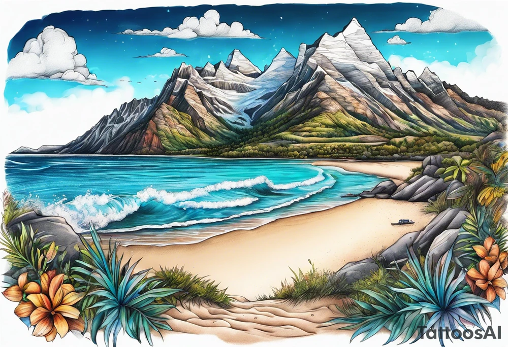 Beach and mountains tattoo idea