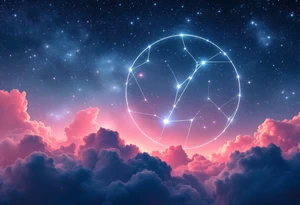 A pink and navy ombré sky holds the Cancer constellation with a silver zodiac glyph glowing at its center. tattoo idea