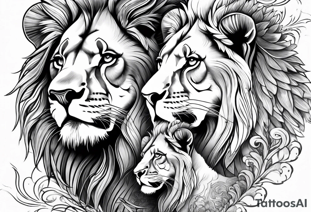 Powerful lion, 3 cubs tattoo idea