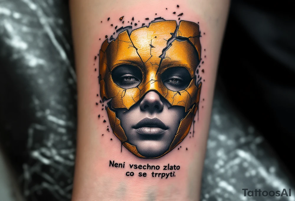 "Neni vsechno zlato, co se trpyti." — A shattered golden mask revealing a human face in grayscale beneath, with the quote in sleek black lettering along the jawline. tattoo idea