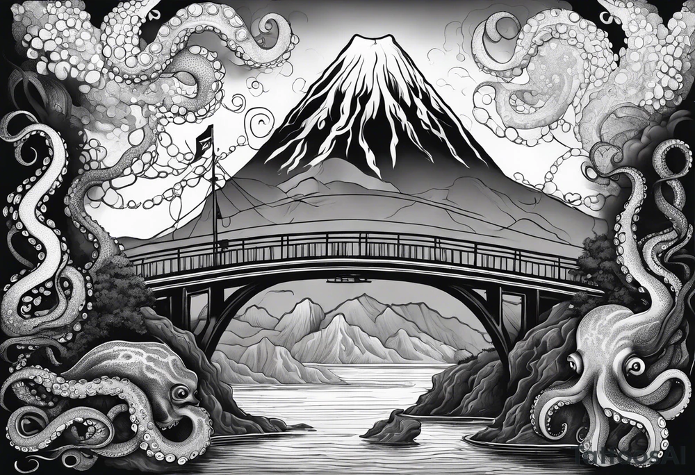 Octopus attacking a bridge with volcano in background tattoo idea