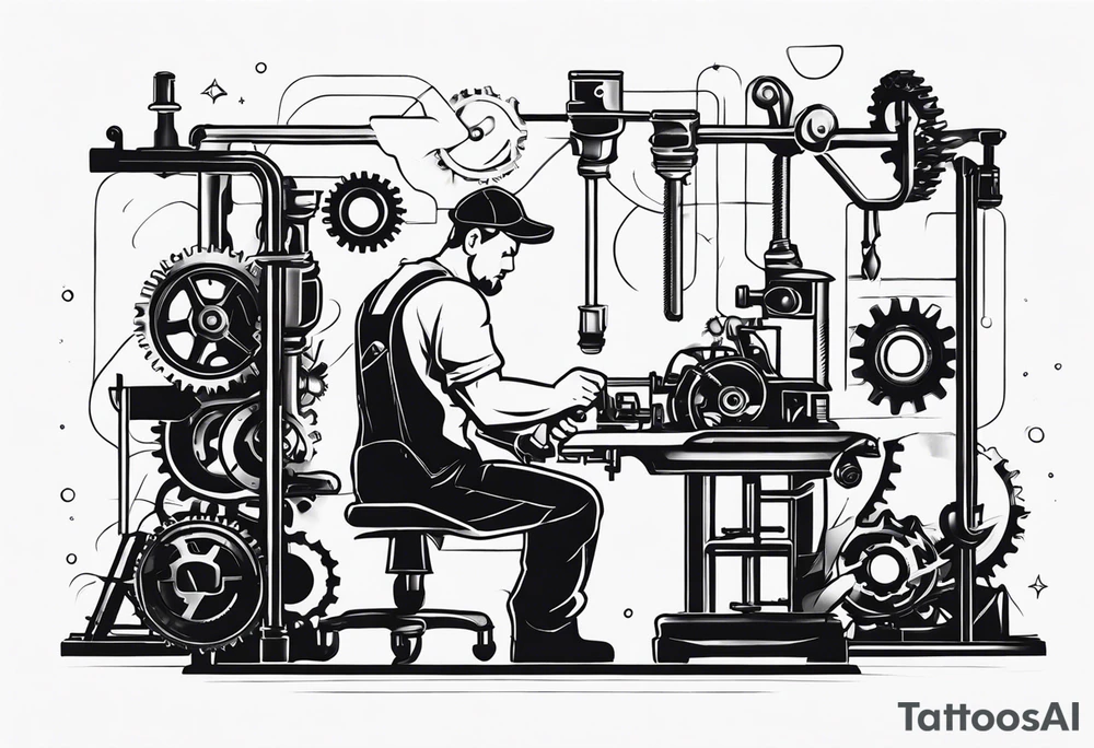 Create a BLACK and white drawing of a mechanic working on a machine, surrounded by mechanical elements like gears and tools. Clear lines and no shadows tattoo idea