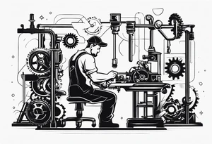 Create a BLACK and white drawing of a mechanic working on a machine, surrounded by mechanical elements like gears and tools. Clear lines and no shadows tattoo idea
