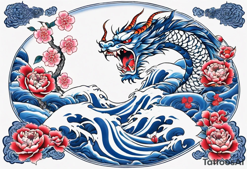 Japanese floral cherry blossom and irezumi back ground in blue porcelain China filler for traditional Chinese dragon and great waves and rose and butterfly tattoo tattoo idea