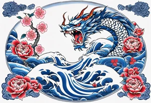 Japanese floral cherry blossom and irezumi back ground in blue porcelain China filler for traditional Chinese dragon and great waves and rose and butterfly tattoo tattoo idea