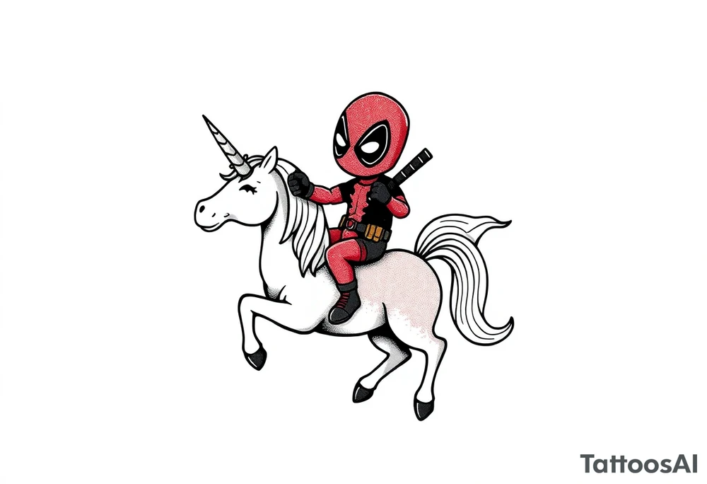 Silly glittery Deadpool riding unicorn  middle finger tattoo idea